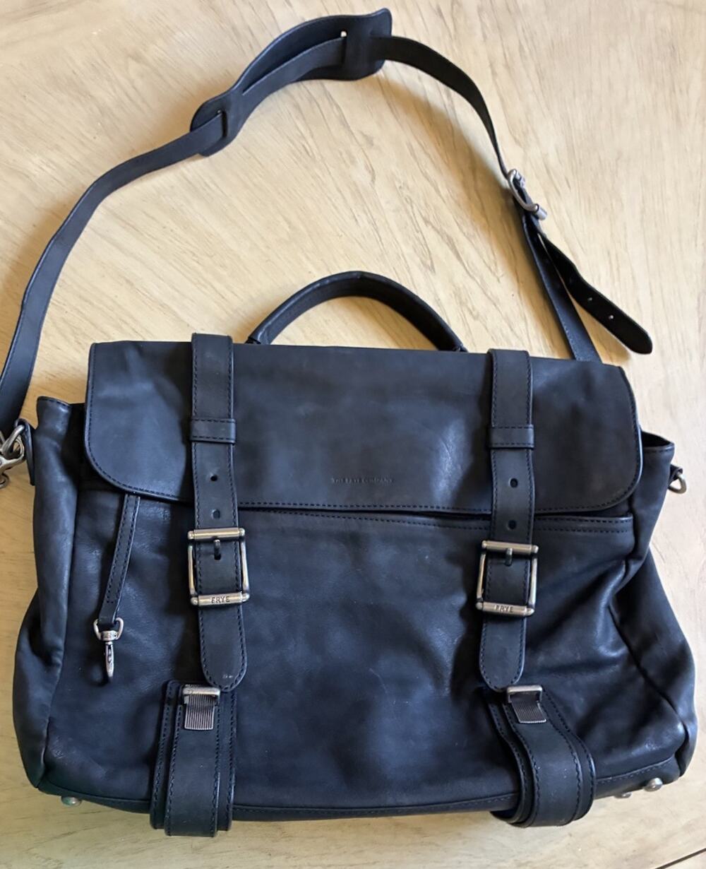 VTG Frye Logan Top Handle Black Distress Leather Briefcase Messenger Laptop Bag